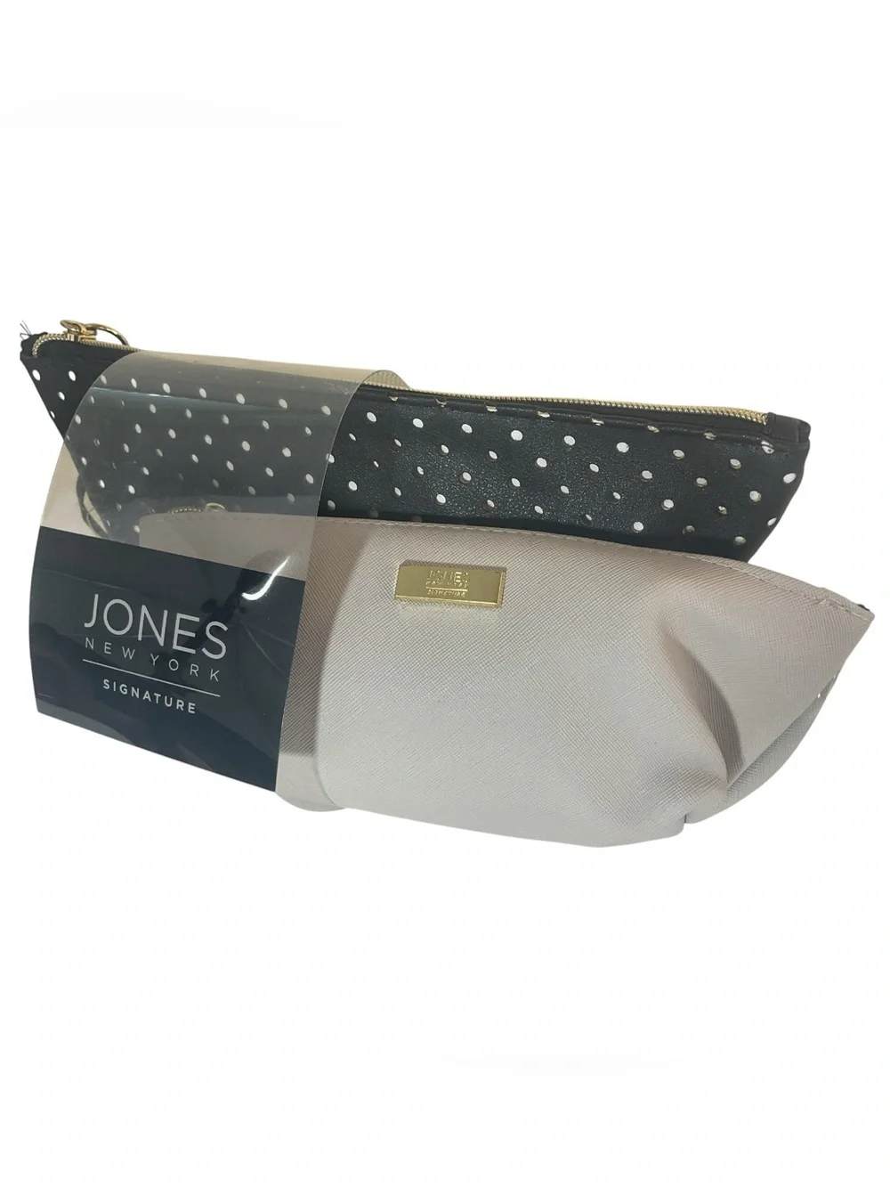Jones New York Signature 2 Pc Cosmetic Bag Set Black White Polka Dot Beige PVC N